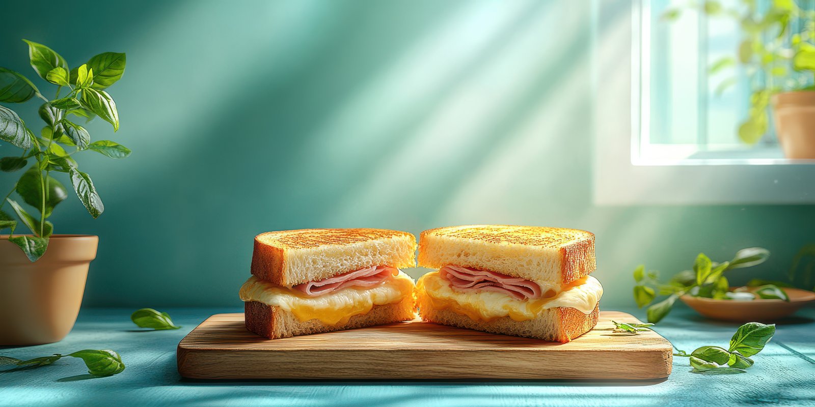 Delicious grilled cheese sandwiches with ham on a wooden board under soft sunlight in a cozy kitchen setting
